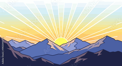 Colorful sunrise over mountain range with sun rays illustration