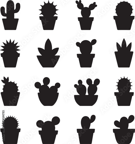 black silhouettes of various cacti and succulents in pots