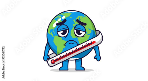 Sick Earth Cartoon Character with Thermometer Illustration