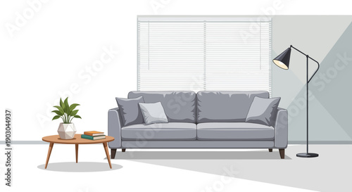 Modern living room with gray sofa and stylish floor lamp