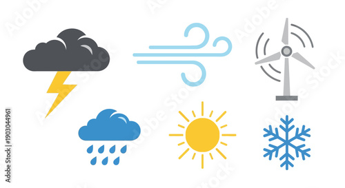 Weather icons depicting sun, rain, wind, snow, and storm elements