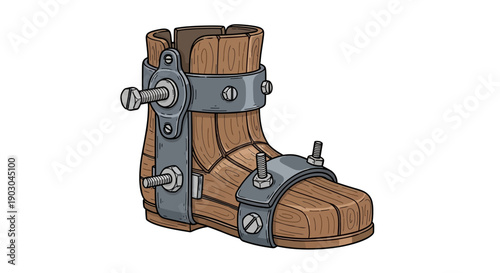 Steampunk Wooden Boot with Metal Gears and Fasteners