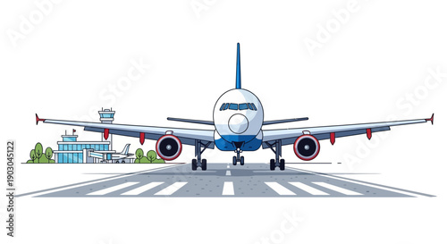 Commercial airplane on runway with airport terminal in background