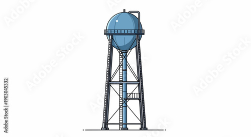 Illustration of a Blue Industrial Water Tower on White Background