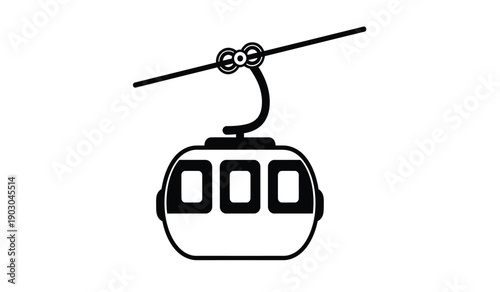 A black line drawing of a simple cable car or gondola lift cabin hanging from a cable