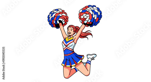 Cheerful cheerleader jumping with pom-poms in colorful uniform