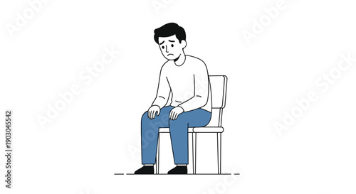 Sad man sitting on chair with thoughtful expression in minimalist illustration
