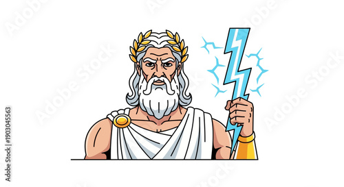Cartoon Zeus holding a lightning bolt with serious expression