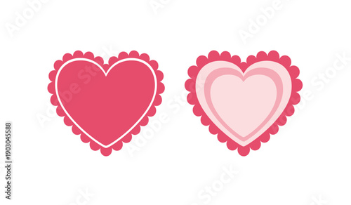 Two pink heart shapes with white outlines and decorative edges on isolated for love and valentines day concepts