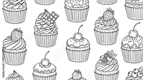 Seamless pattern of various cupcakes, each with unique toppings like strawberries, cherries, and chocolate, in an outlined, monochrome style.