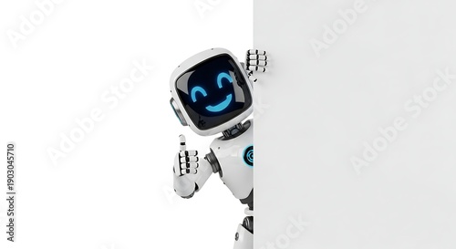 Happy robot peeking from behind a white blank board, giving a thumbs up and smiling, concept for advertising.