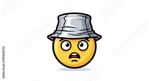 Cartoon emoji with surprised expression wearing a metal bucket hat