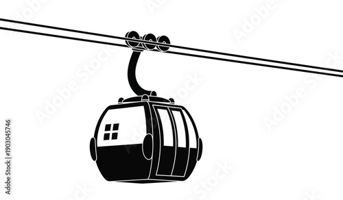A black and white illustration of a cable car or gondola lift cabin suspended from cables
