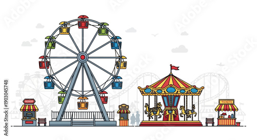 Colorful amusement park with Ferris wheel and carousel illustration