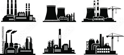 Collection of industrial building and factory silhouettes with chimneys, cooling towers, cranes, and complex structures, ideal for manufacturing, energy