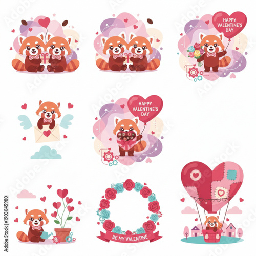 Collection of cute red panda characters with hearts and Valentine's themes