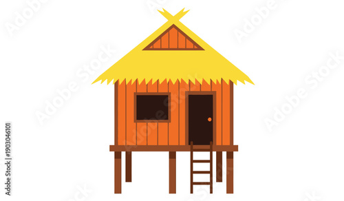 A colorful illustration of a small wooden hut with a yellow roof and brown door on stilts