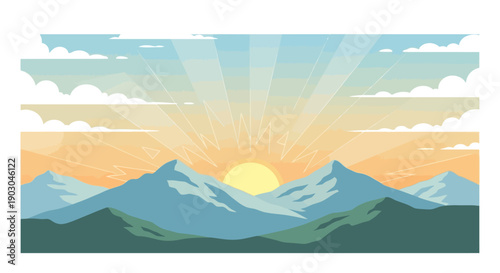 Vector illustration of sunrise over mountain range with colorful sky