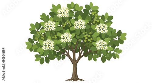 A vibrant illustration of a flourishing tree adorned with clusters of delicate white blossoms and green foliage.