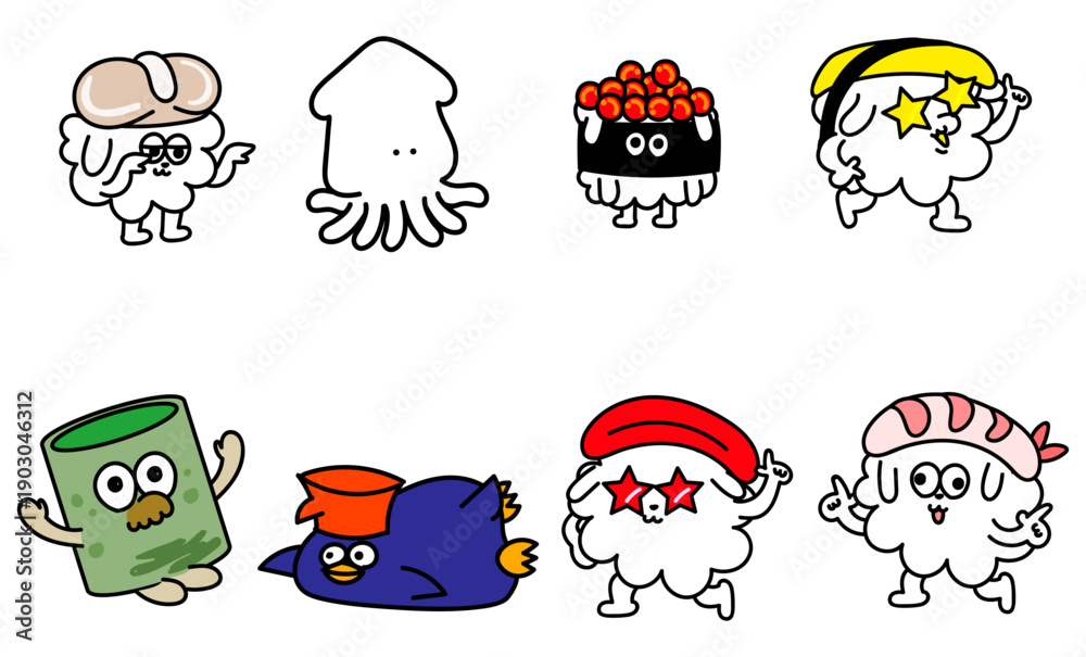 Fototapeta premium 寿司と海の生き物のキャラクター集合セット