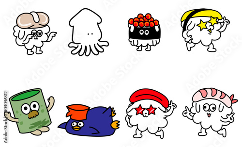 寿司と海の生き物のキャラクター集合セット