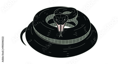 Coiled black snake illustration with open mouth and fangs