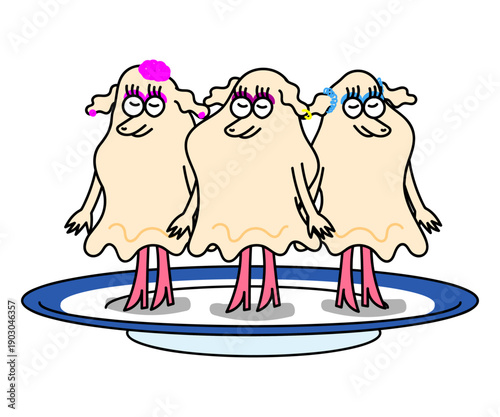 寿司屋のガリがアイドルみたいに並ぶキャラクターイラスト（3人・皿の上）