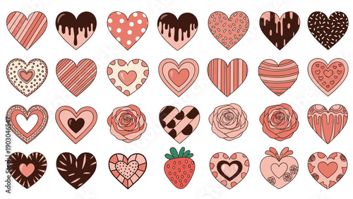Large grid of twenty-four unique heart designs featuring different patterns like stripes, dots, chocolate drips, and roses.