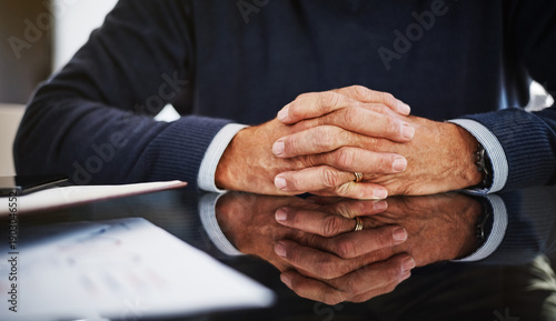 Photos Relax, tablet and hands at desk in office, pension plan or insurance for future financial security