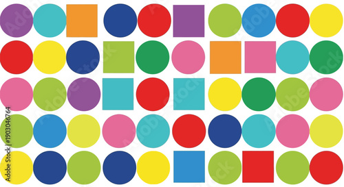 Colorful geometric shapes arranged in a neat grid pattern with various circles and squares in different vibrant colors