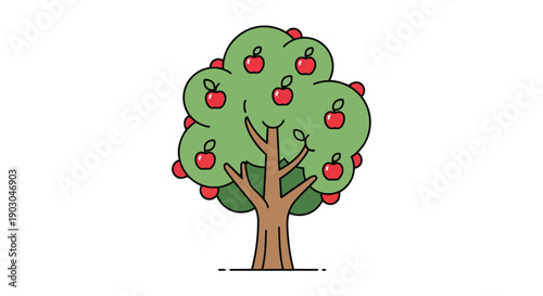 Vibrant cartoon apple tree illustration featuring ripe red fruits amidst lush green foliage and a sturdy brown trunk, symbolizing nature's abundant
