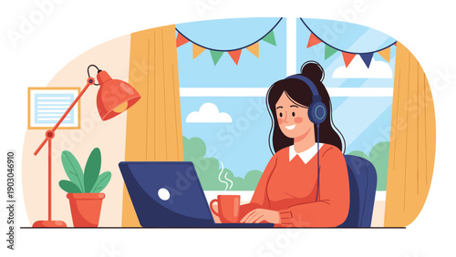 Happy young woman working on a laptop from a cozy home office setup with hot coffee and a warm lamp light.