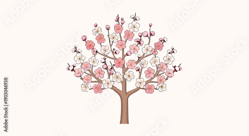 Delicate spring bloom illustration featuring a tree with soft pink and white petals, symbolizing nature's gentle awakening and serene beauty, fresh
