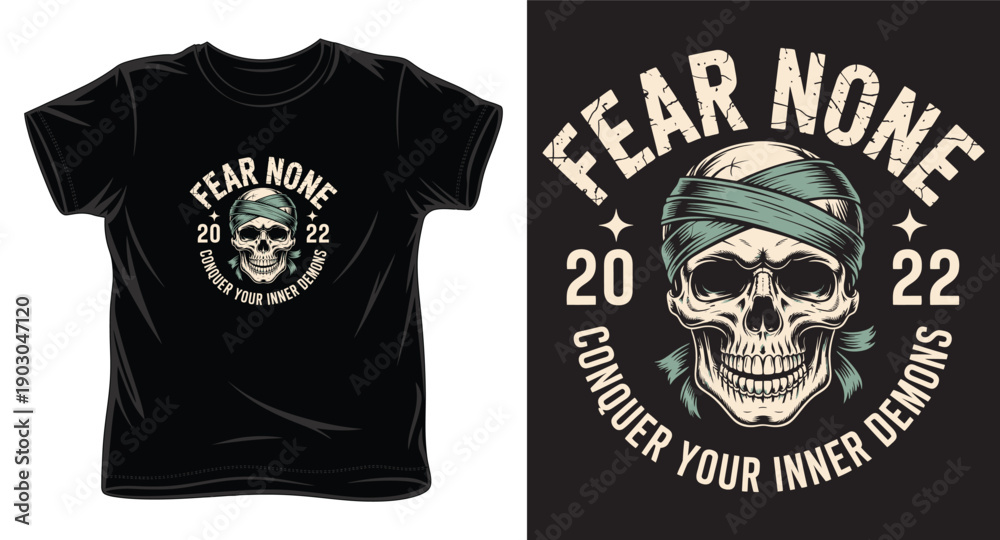 Fototapeta premium Skull t shirt design fear none conquer your inner demons vintage style