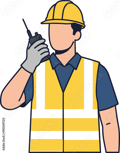 Construction worker with radio communication device and safety vest