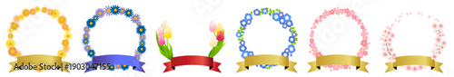 Spring Floral Wreath and Ribbon Vector Illustration Set. Daisies, tulips, nemophila, cherry blossoms. Vector illustrations on a white background. / 春の花のリースとリボンのベクターイラストレーション。デイジー、チューリップ、ネモフィラ、桜