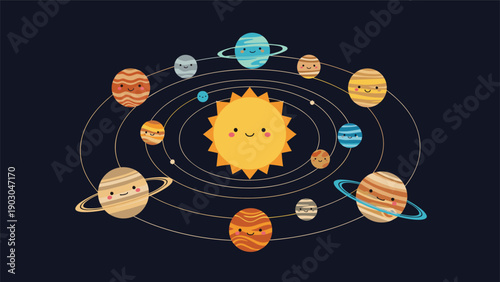 Cute solar system map featuring the sun and all planets with happy faces for children's educational content.
