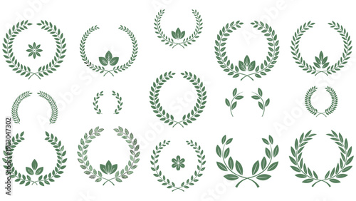 Elegant collection of green laurel wreaths and decorative leaf branches suitable for awards, logos, and nature-themed designs.