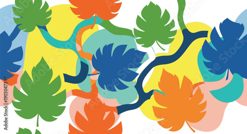 Vibrant colorful leaves and branches in a lively abstract graphic design