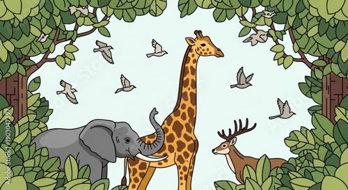 Whimsical animals gathering in a lush forest habitat