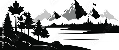 Canadian landscape illustration, maple leaf symbol, scenic nature design, mountains and pine trees art, national identity vector, cultural heritage theme