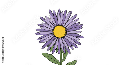 A vibrant hand-drawn purple flower illustration, showcasing delicate petals and a bright yellow core, perfect for spring botanical themes. This