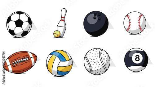 Collection of various sports balls including soccer, bowling, baseball, football, volleyball, tennis, and billiards.
