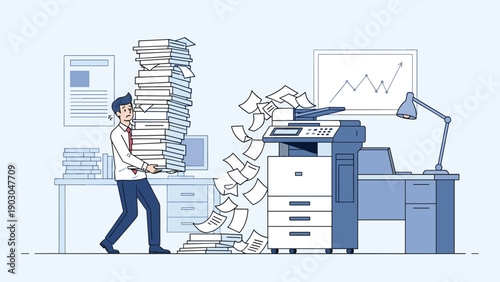 Stressed office worker carrying a massive stack of papers next to a photocopier that is printing and losing sheets everywhere.