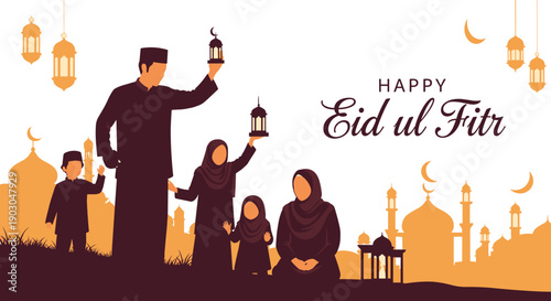 Eid ul-Fitr celebration illustration, Muslim family gathering, festive lanterns design, mosque silhouette background, crescent moon symbol, cultural holiday art, flat vector illustration