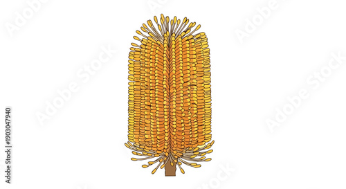 Vibrant golden botanical illustration showcasing a unique Australian native inflorescence with intricate radial symmetry and spiky texture on a