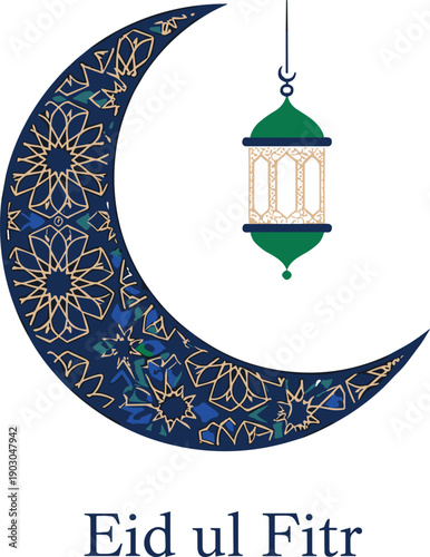 Eid ul-Fitr crescent moon illustration, Islamic lantern design, festive holiday symbol, Ramadan ending celebration, cultural tradition art, vector illustration