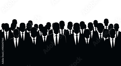 Striking black and white silhouette graphic illustrating a large, diverse group of anonymous businessmen wearing sharp suits and ties standing together prominently.