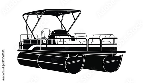Black and white illustration of a pontoon boat with canopy