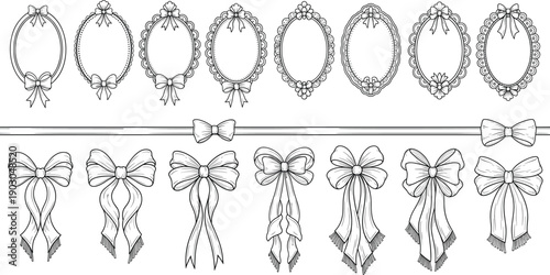 Vintage Sketch Illustration Set of Ornate Oval Picture Frames and Decorative Ribbons Featuring Delicate Bows with Long Streamers and Lace Details